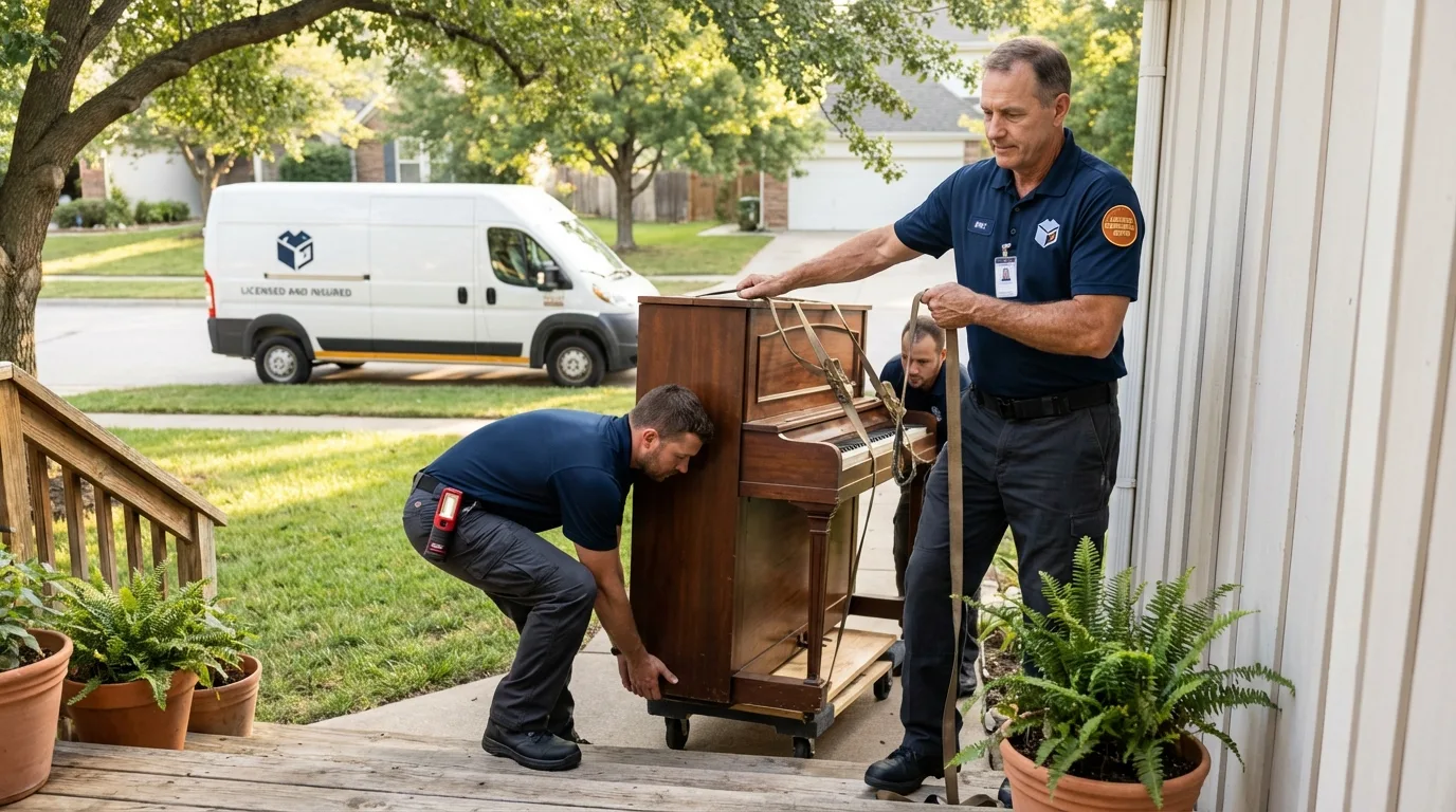 Licensed piano movers securing grand piano in Madison Heights, MI