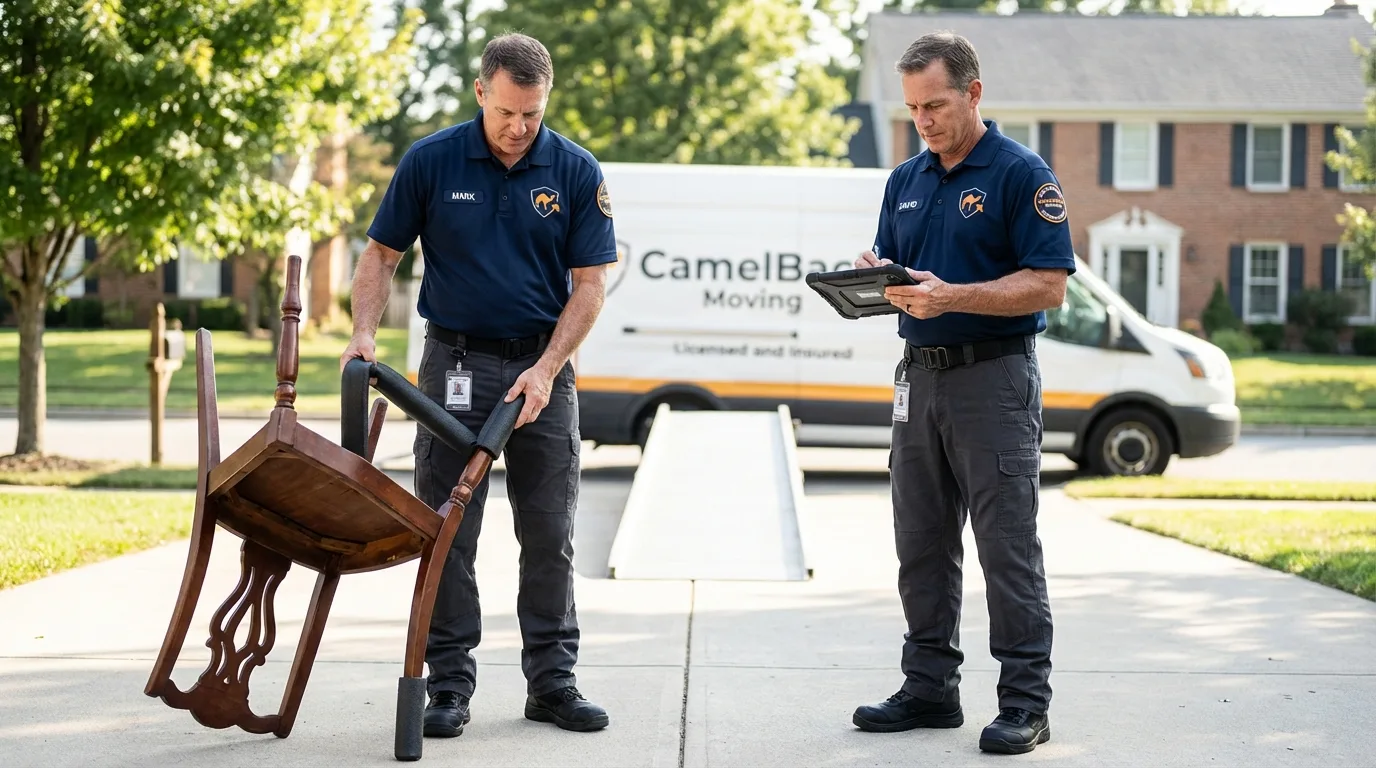 Movers inspecting furniture for damage prevention before loading in Madison Heights, MI