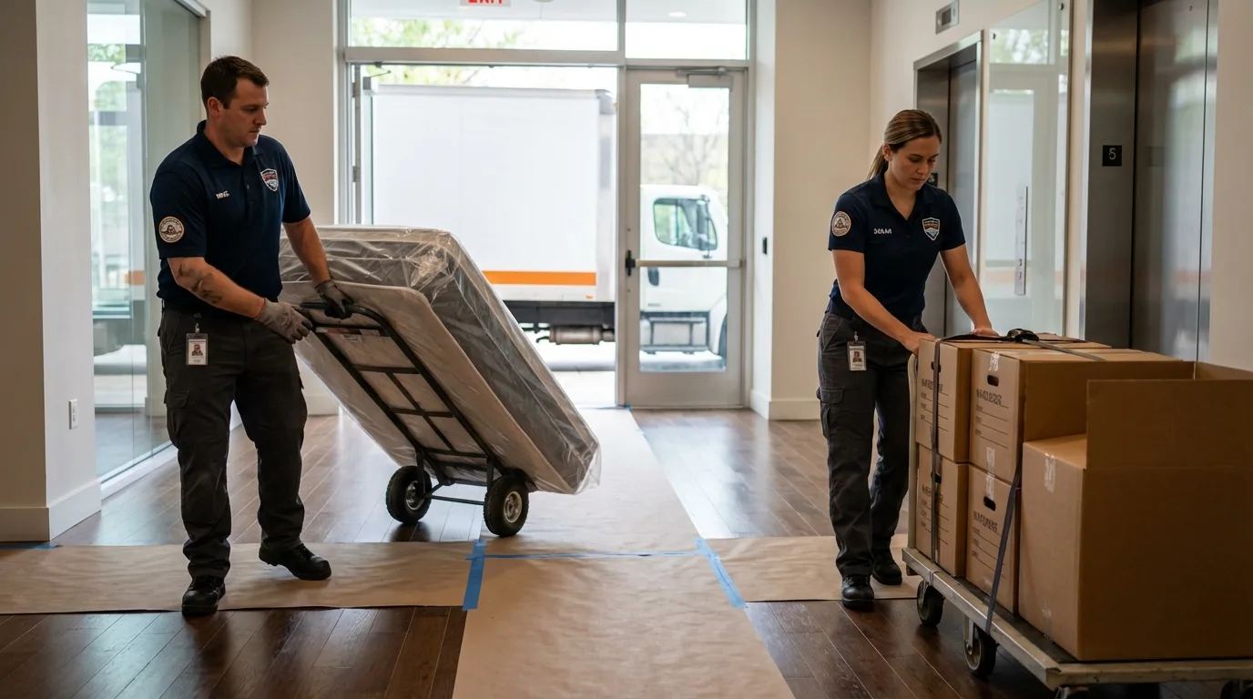 Professional apartment movers loading elevator in Madison Heights, MI