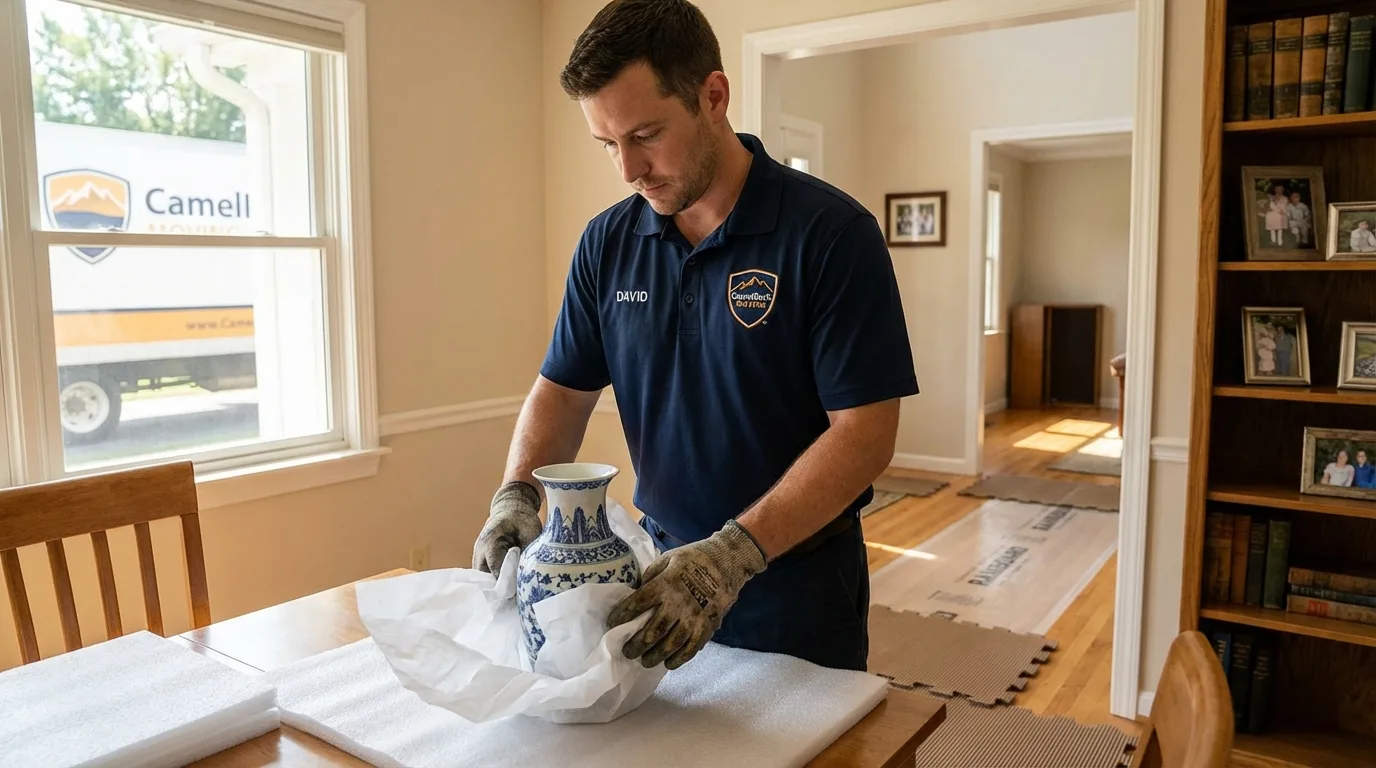 Professional crew carefully wrapping antique vase for senior downsizing move in Madison Heights, MI